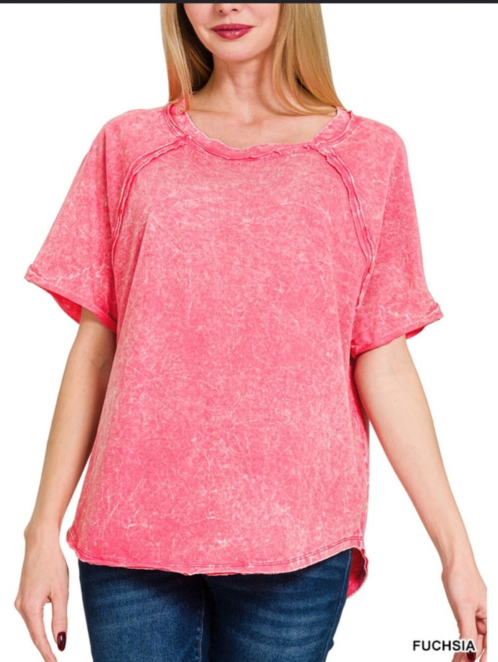 New Zenana Fuchsia Acid Washed Raglan Top